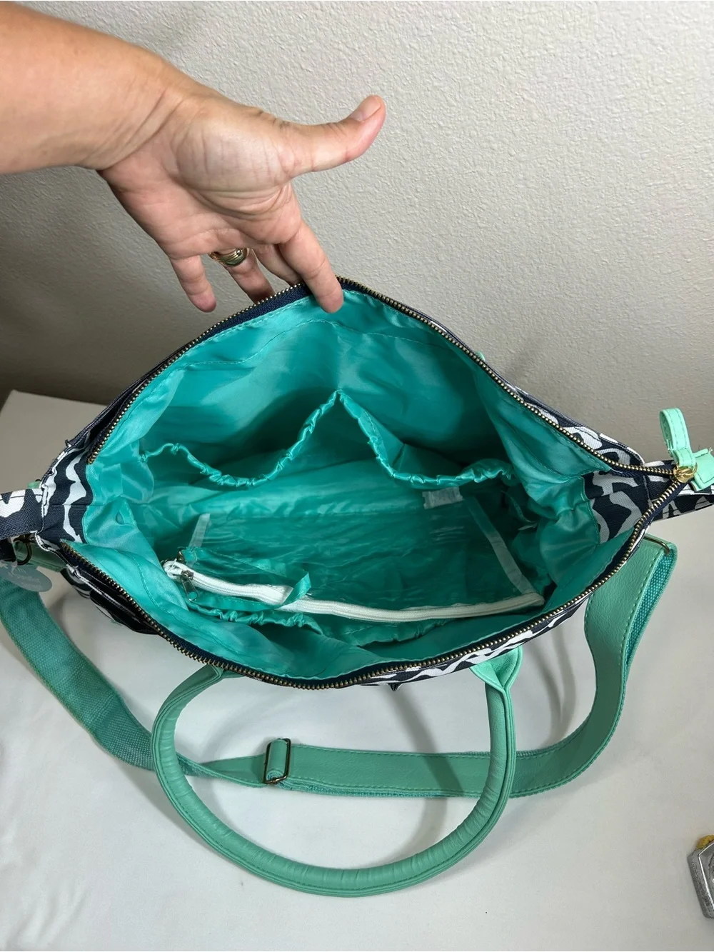 Teal Navy Wave Pattern Multi Pockets Complete Diaper Stroller Strap Tote Bag